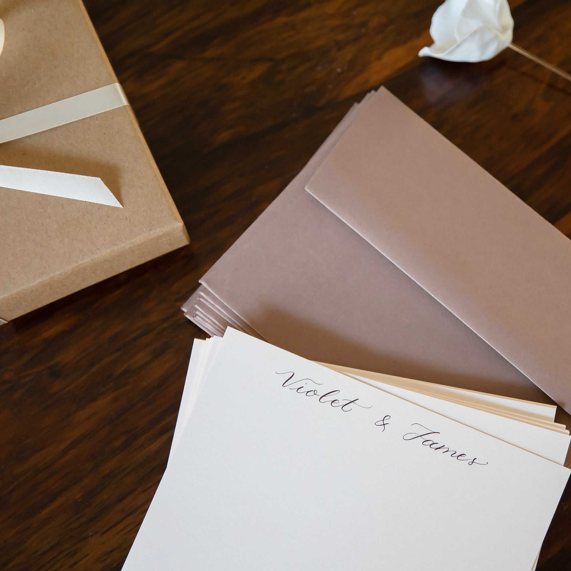Bespoke note cards in Ballet nude pink personalised by hand with calligraphy by Memo Press