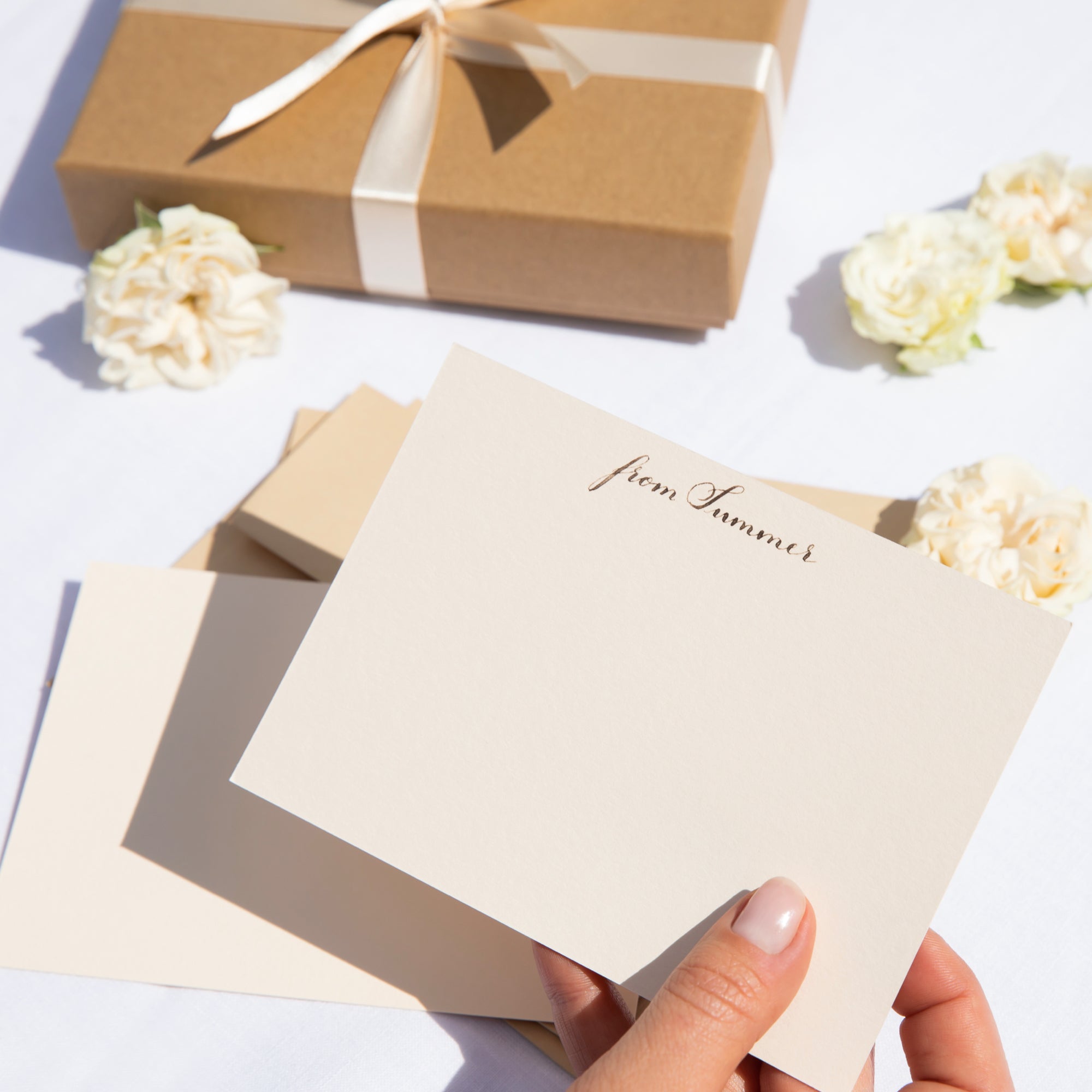 Bespoke note cards in Ballet nude pink personalised by hand with calligraphy by Memo Press