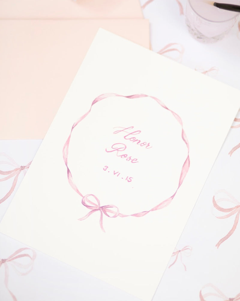 memo press art print of a Shell pink ribbon wreath and personalised with a baby name and date of birth, the perfect present 