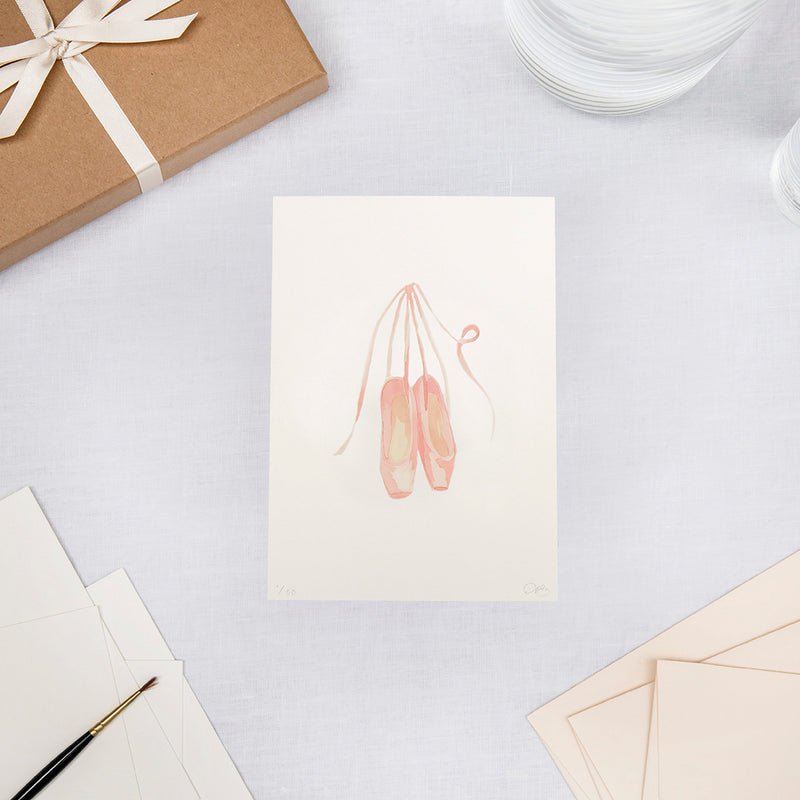 Limited edition print of a watercolour illustration by Memo Press of a pair of ballet point shoes