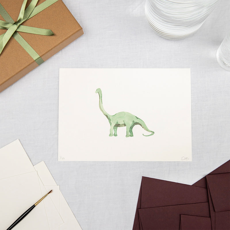 Limited edition print of a watercolour illustration of a diplodocus by Memo Press