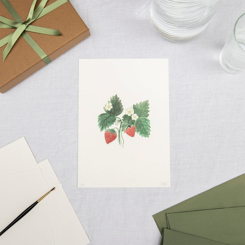 Limited edition print of a watercolour illustration of a strawberry plant