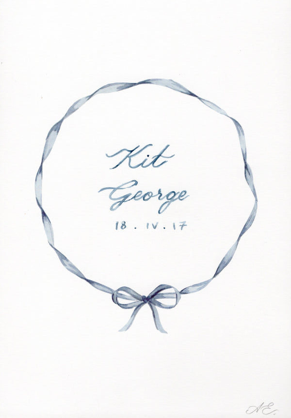 memo press art print of a ribbon wreath and personalised with a baby name and date of birth, the perfect present 
