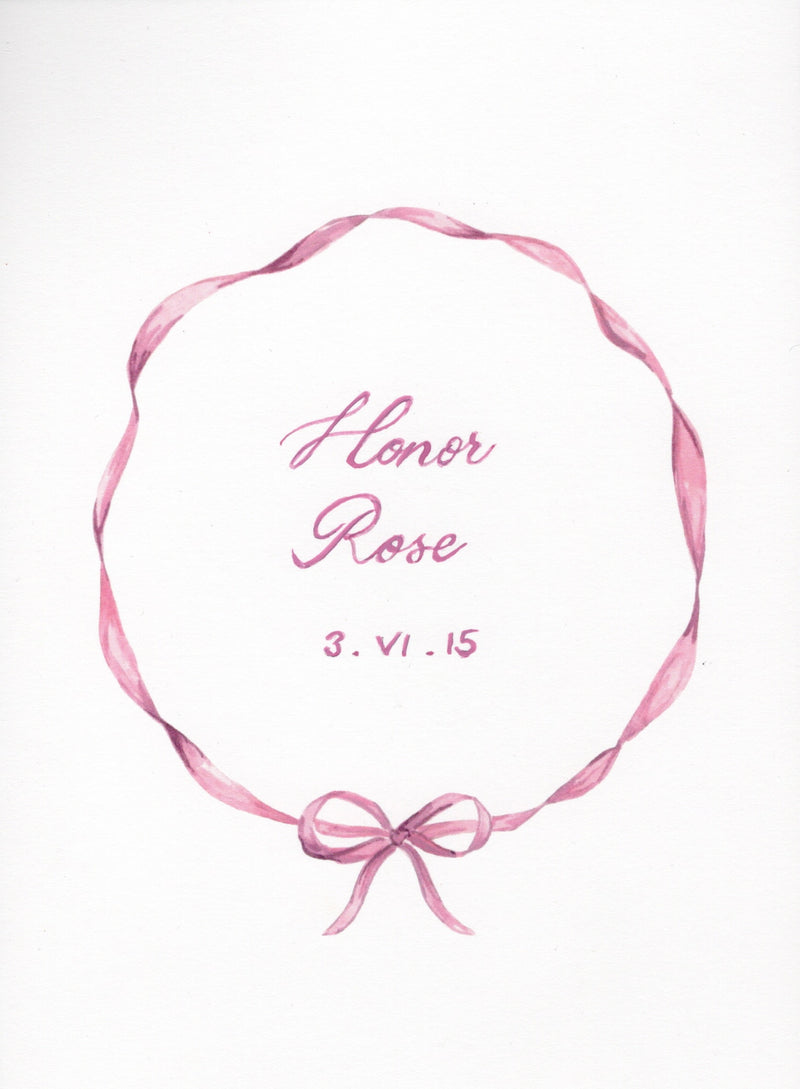 memo press art print of a ribbon wreath and personalised with a baby name and date of birth, the perfect present 