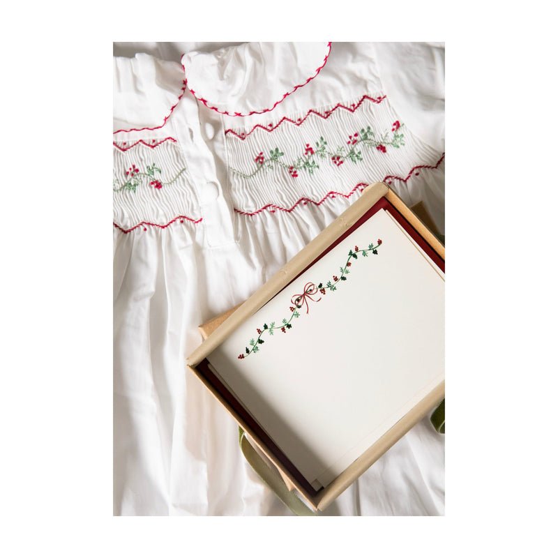 Memo Press x Smock London Note Cards, hand smocked nightie and Christmas cards