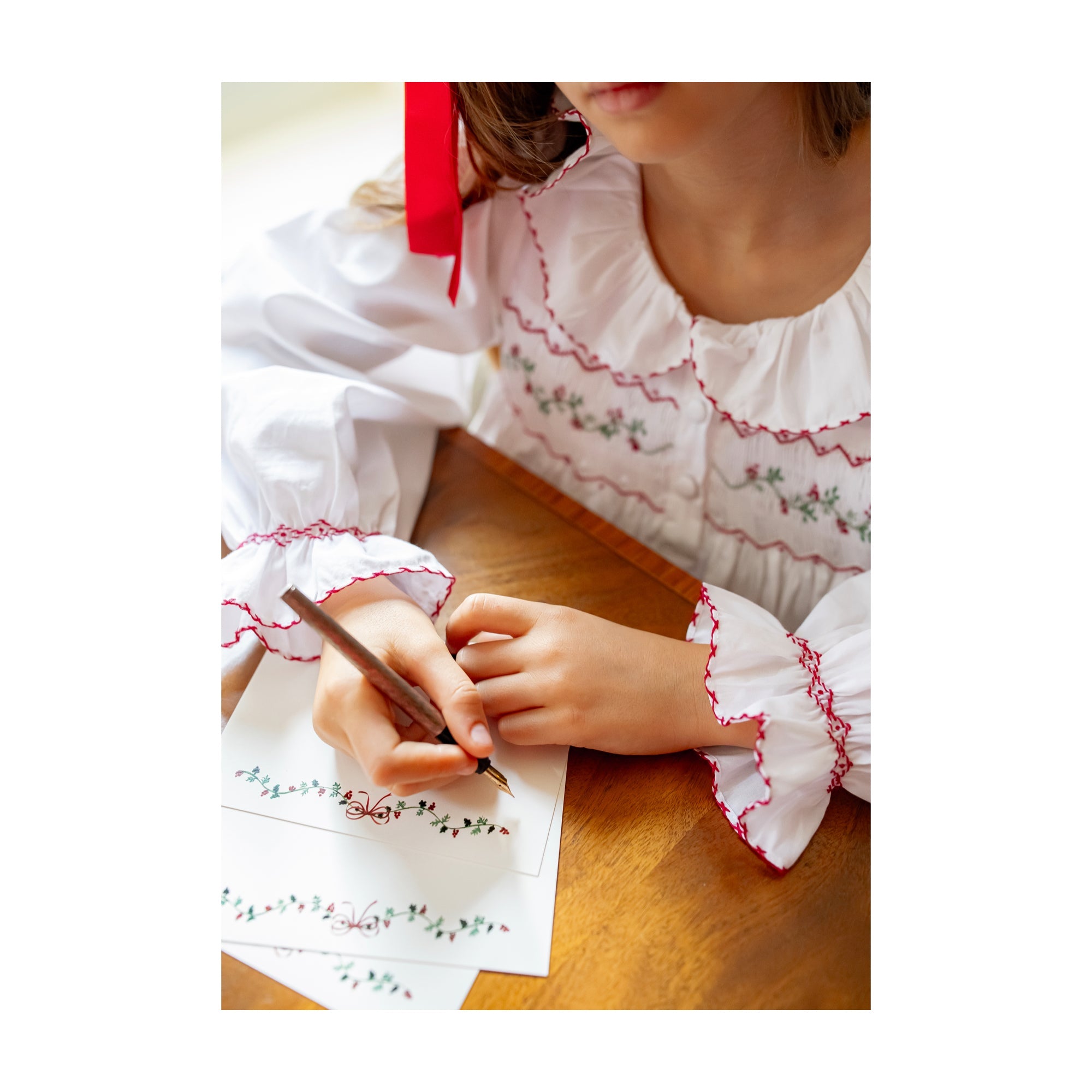 Memo Press x Smock London Note Cards, hand smocked nightie and Christmas cards