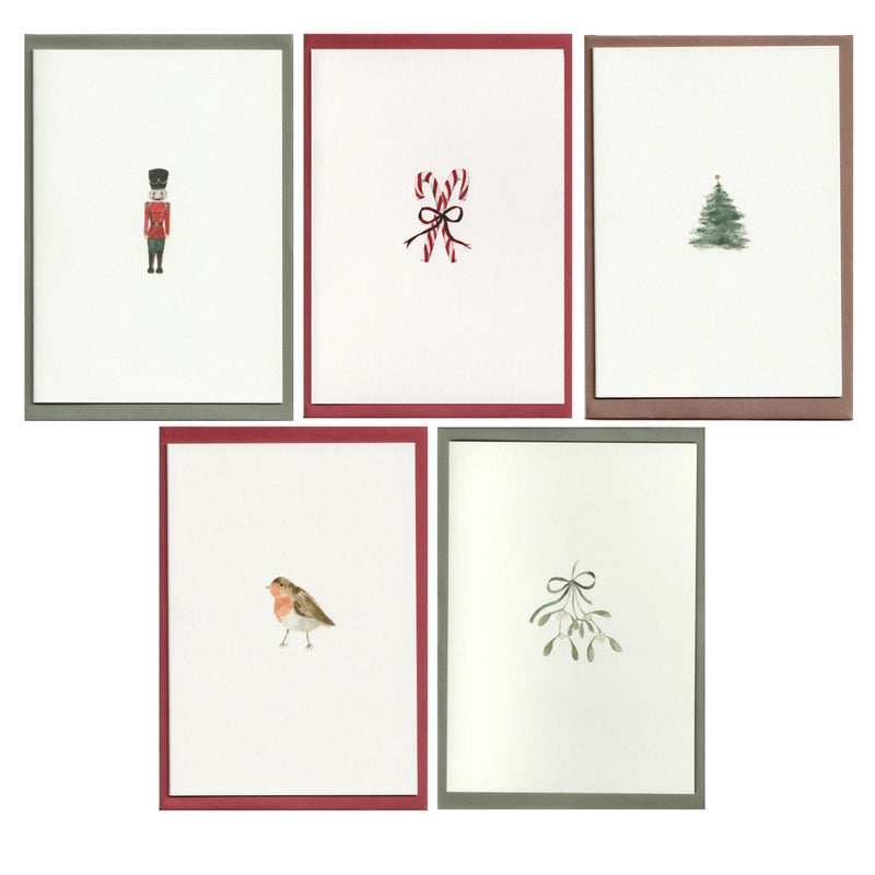 Memo Press Christmas card collection, luxury cards with watercolour illustrations, nutcracker, candy cane, tree, robin redbreast, mistletoe