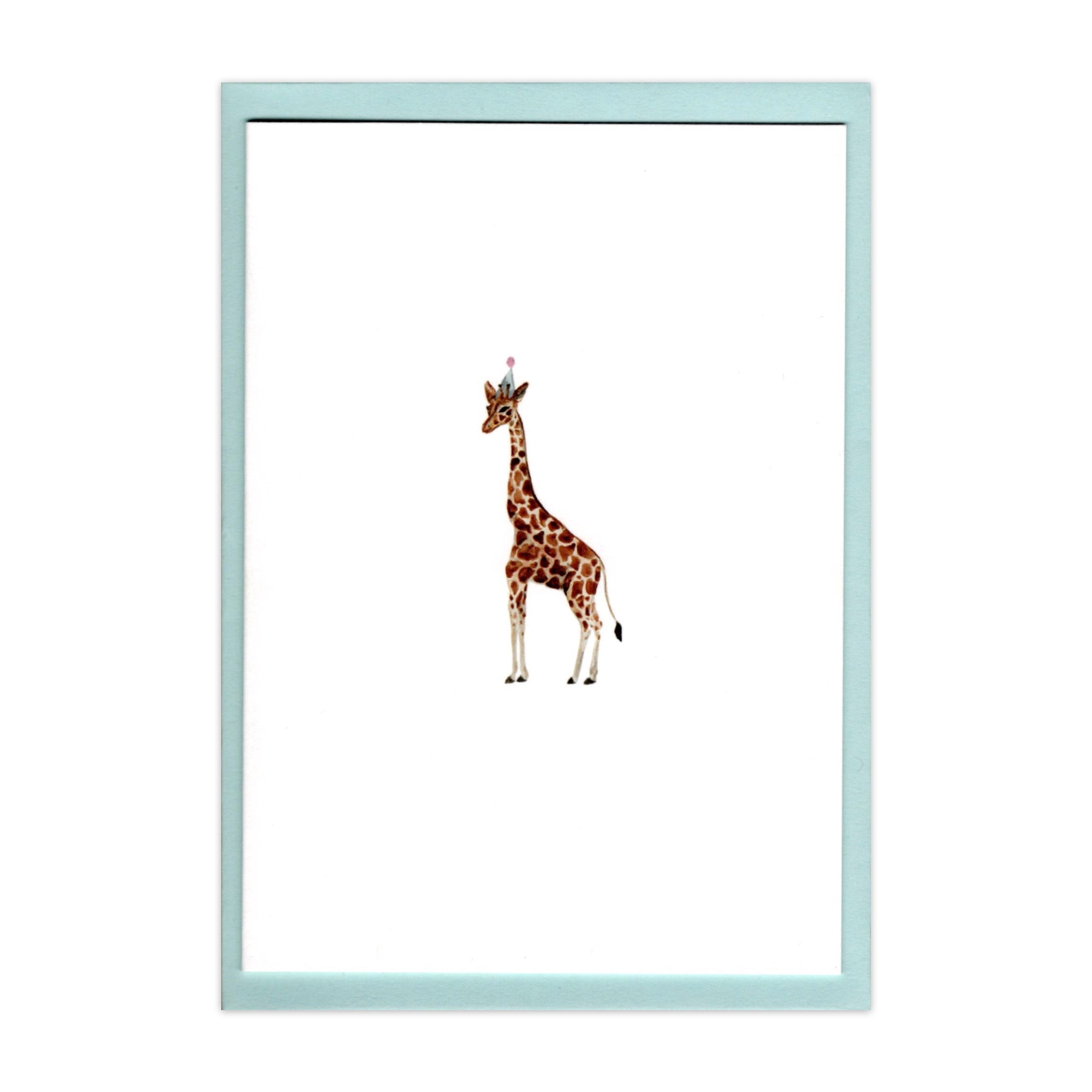 Greetings Card with a watercolour illustration of a giraffe in a party hat by Memo Press