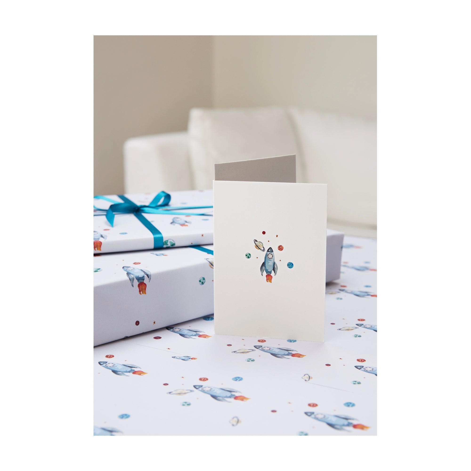 Rocket Ship greetings card and matching wrapping paper by Memo Press