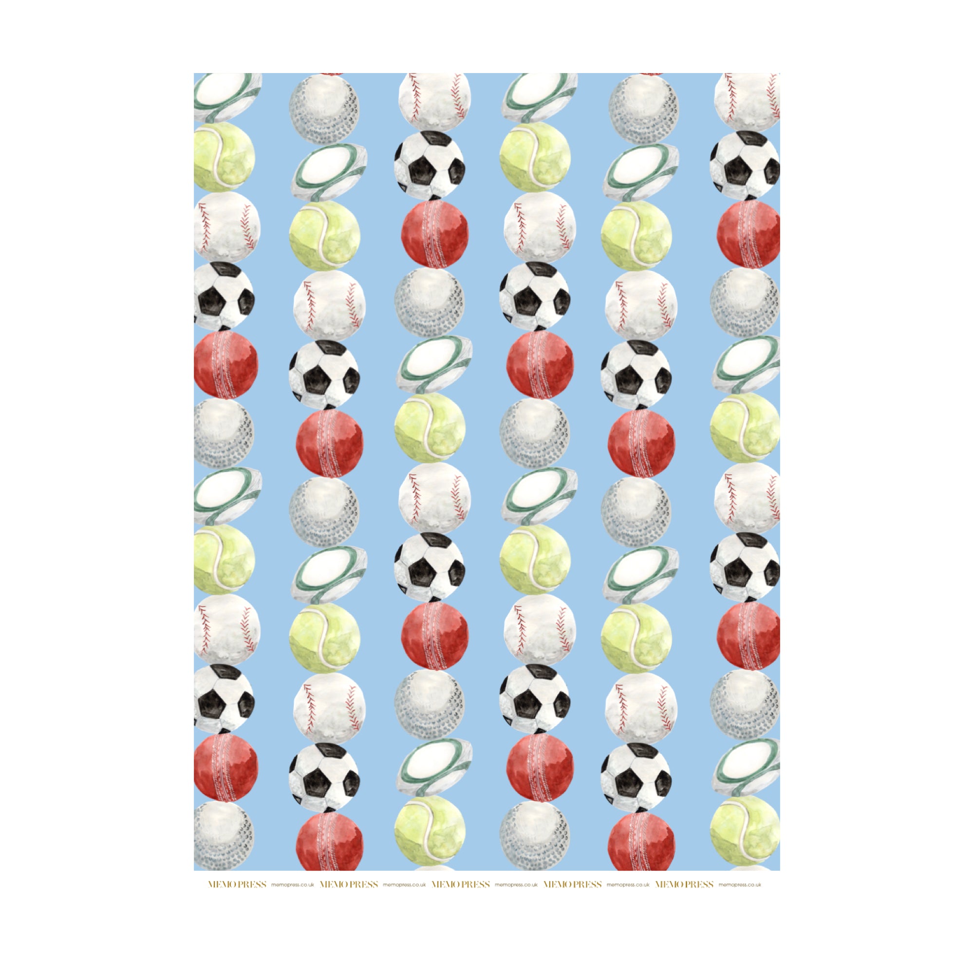 Wrapping paper with lots of kinds of sports balls illustrated on a blue background by Memo Press
