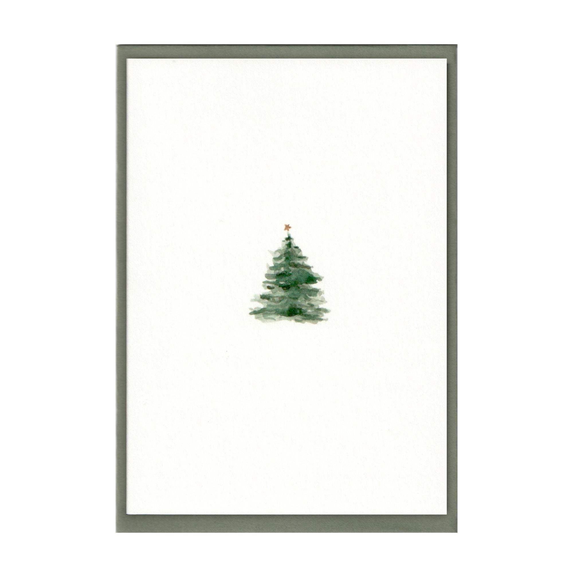 Luxury Christmas Card by Memo Press with a watercolour illustration of a traditional Christmas Tree with a single star on top and comes with a olive green envelope made in Britain
