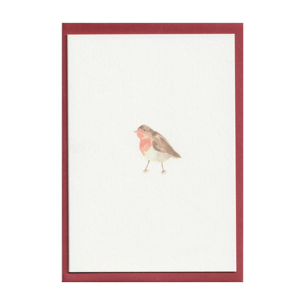 Luxury Christmas Card by Memo Press with a watercolour illustration of a Robin Redbreast and comes with a scarlet envelope made in Britain