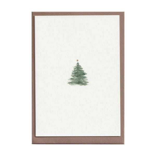 Luxury Christmas Card by Memo Press with a watercolour illustration of a traditional Christmas Tree with a single star on top and comes with a nubuck brown envelope made in Britain