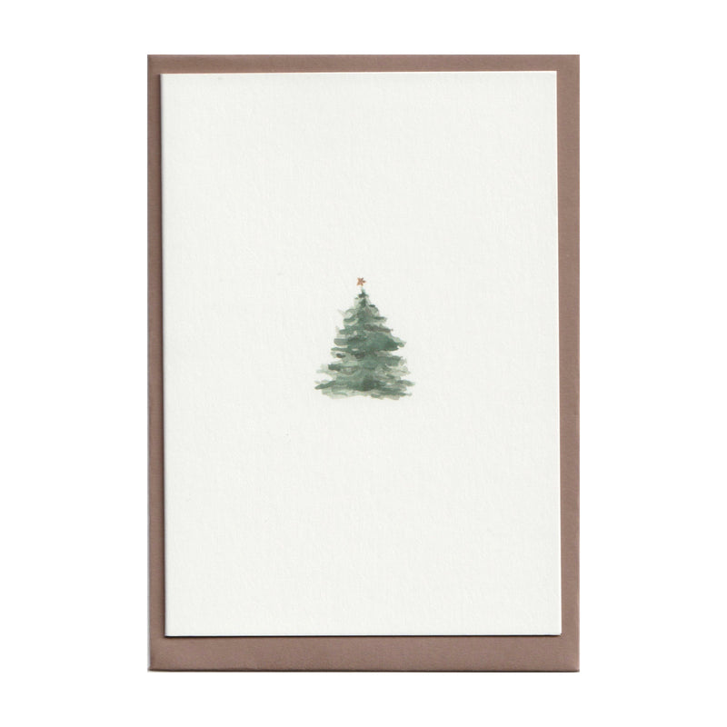 Luxury Christmas Card by Memo Press with a watercolour illustration of a traditional Christmas Tree with a single star on top and comes with a nubuck brown envelope made in Britain