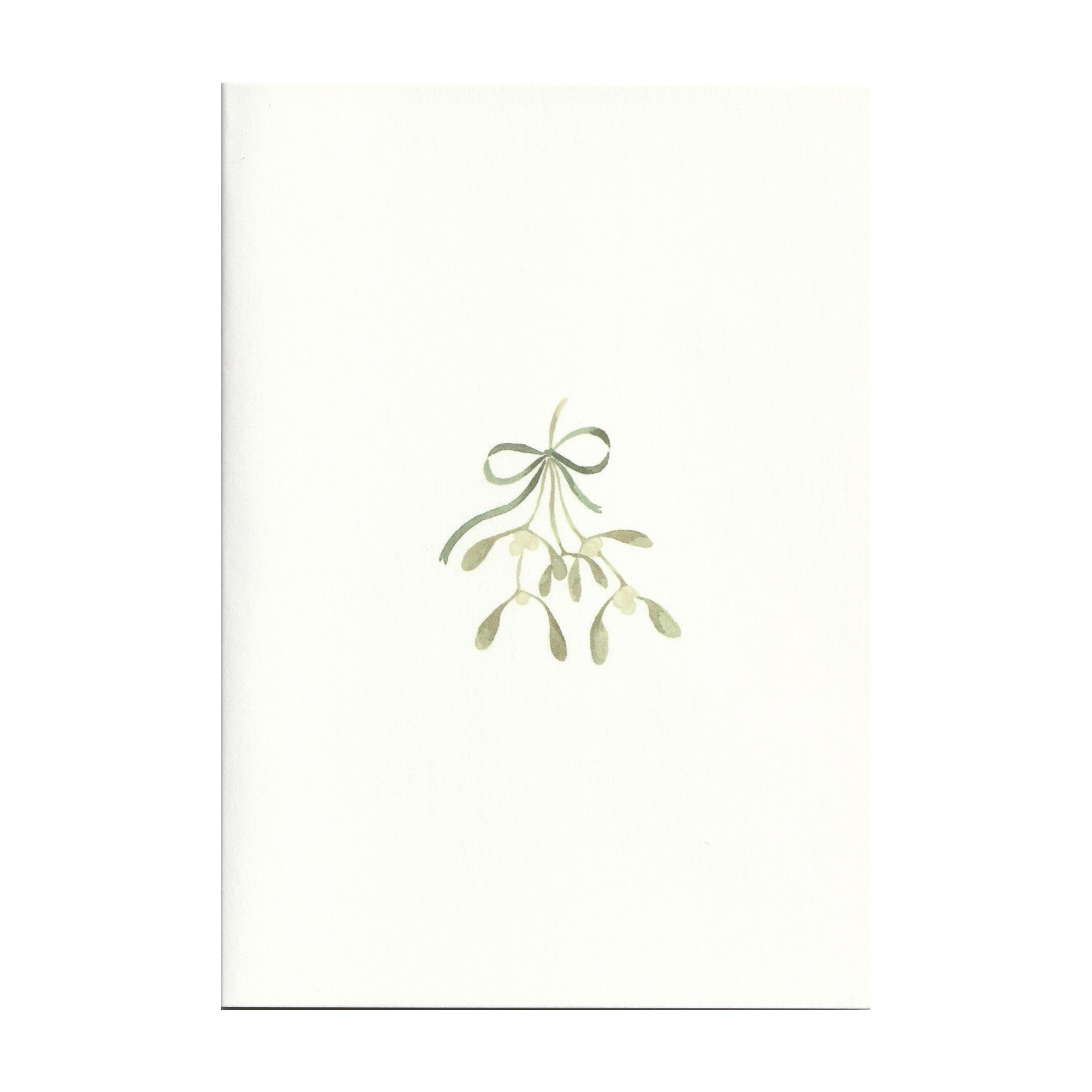 Luxury Christmas Card by Memo Press with a watercolour illustration of mistletoe tied with a ribbon tied with a bow and comes with a green envelope made in Britain